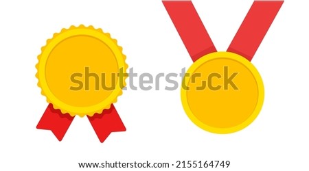 Medal gold award flat icon vector or blank empty golden achievement medallion hanging yellow with red ribbon isolated on white background cut out graphic illustration, winner 1st place trophy template