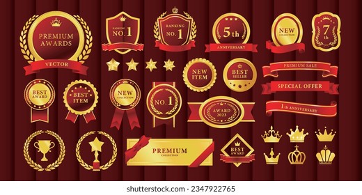 Medal gold red vector material set curtain background text for luxury ranking and more.