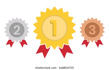 Medal- gold, silver, bronze. 1st, 2nd and 3rd place. Trophy with red ribbon. Flat style - stock vector.