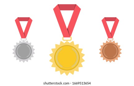 Medal- gold, silver, bronze. 1st, 2nd and 3rd place. Trophy with red ribbon. Flat style - stock vector.