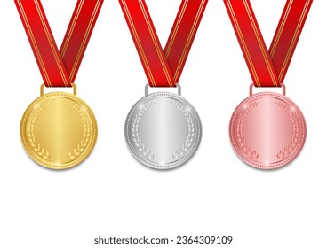 Medal. Gold, Silver and Bronze Medals with Red Ribbon. Sport Winner Medal. Champion and Winning Concept. Vector Illustration.