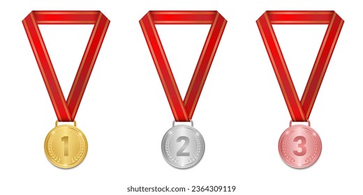 Medal. Gold, Silver and Bronze Medals with Red Ribbon. Sport Winner Medal. Champion and Winning Concept. Vector Illustration.