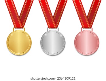 Medaille. Gold-, Silber- und Bronzemedaille mit rotem Band. Sportsiegerin Medaille. Champion and Winning Concept. Vektorgrafik.