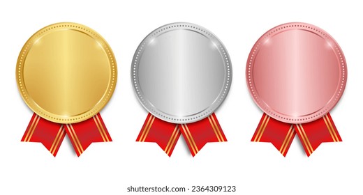 Medal. Gold, Silver and Bronze Medals with Red Ribbon. Sport Winner Medal. Champion and Winning Concept. Vector Illustration.