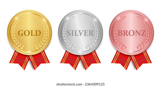 Medal. Gold, Silver and Bronze Medals with Red Ribbon. Sport Winner Medal. Champion and Winning Concept. Vector Illustration.