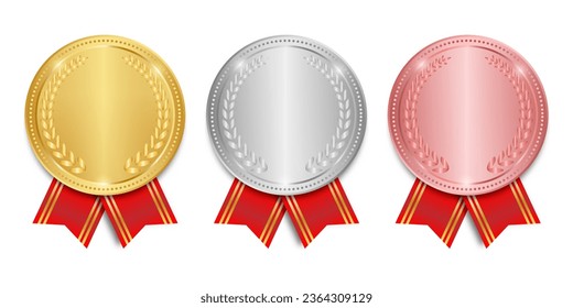 Medal. Gold, Silver and Bronze Medals with Red Ribbon. Sport Winner Medal. Champion and Winning Concept. Vector Illustration.