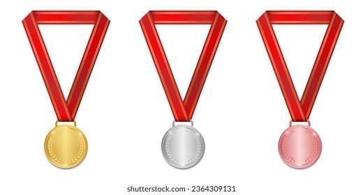 Medal. Gold, Silver and Bronze Medals with Red Ribbon. Sport Winner Medal. Champion and Winning Concept. Vector Illustration.