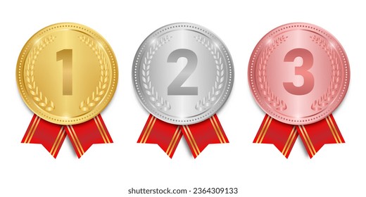 Medal. Gold, Silver and Bronze Medals with Red Ribbon. Sport Winner Medal. Champion and Winning Concept. Vector Illustration.