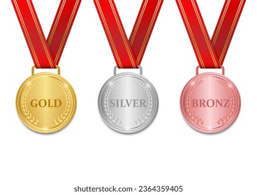 Medal. Gold, Silver and Bronze Medals with Red Ribbon. Sport Winner Medal. Champion and Winning Concept. Vector Illustration.