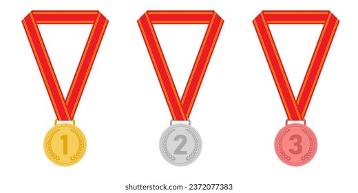 Medal. Gold, Silver and Bronze Medals with Red Ribbon. Sport Winner Medal. Champion and Winning Concept. Vector Illustration.
