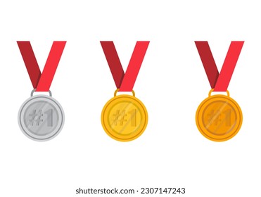 Medal - gold, silver and bronze set, the first medal. Vector illustration