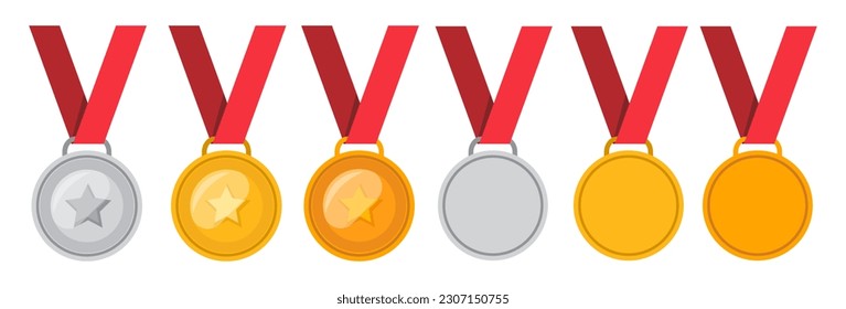 Medal - gold, silver and bronze set, medal with star. Vector illustration