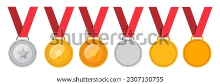 Medal - gold, silver and bronze set, medal with star. Vector illustration