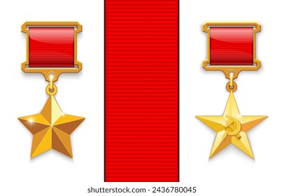 Medal Gold Star of the Hero, Hero of Socialist Labor "Hammer and Sickle", USSR, the highest degree of recognition for labor achievements in the national economy. Cience and culture.Vector illustration