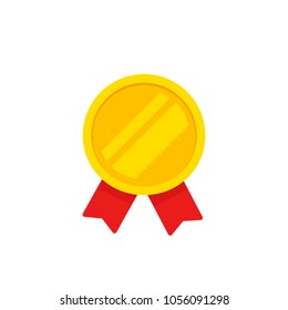 Medal gold vector icon, flat cartoon medallion golden symbol with red ribbon isolated on white