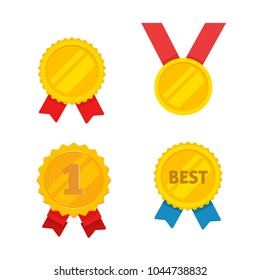 Medal gold vector set, flat cartoon golden medallion, award symbol, achievement badge isolated