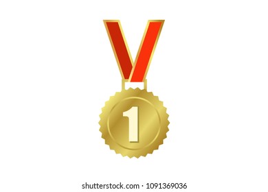 medal. golden badge with red ribbon. gold medal. vector illustration