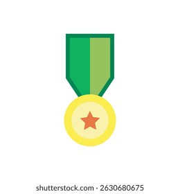 Medal with green ribbon and star icon. Award medal icon for success, achievement, and competition recognition.