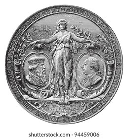 Medal Heidelberg University (500 year jubilee) Germany / vintage illustration from Meyers Konversations-Lexikon 1897