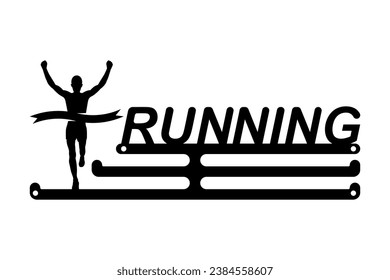 Medal holder running man. Template for making a medal box. Template for laser cutting, wood carving. A place to store runner awards. Vector illustration flat design. Isolated on white background.