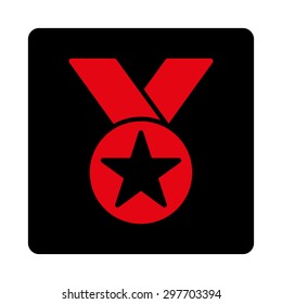 Medal icon from Award Buttons OverColor Set. Icon style is intensive red and black colors, flat rounded square button, white background.