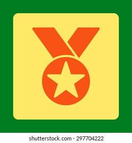 Medal icon from Award Buttons OverColor Set. Icon style is orange and yellow colors, flat rounded square button, green background.