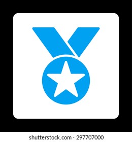 Medal icon from Award Buttons OverColor Set. Icon style is blue and white colors, flat rounded square button, black background.