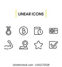 Medal icon with bitcoin, map pin and radio symbols. Set of date, tuner, history icons and cryptocurrency concept. Editable vector elements for logo app UI design.