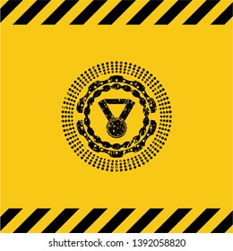 medal icon black grunge emblem inside yellow warning sign. Vector Illustration. Detailed.