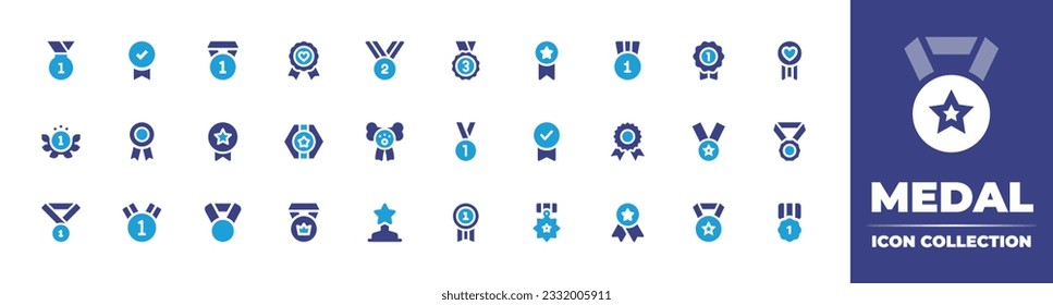 Medal icon collection. Duotone color. Vector illustration. Containing gold medal, badge, st place, medal, silver, bronze, emblem, award, reward, prize, success, crown, medal of honor.