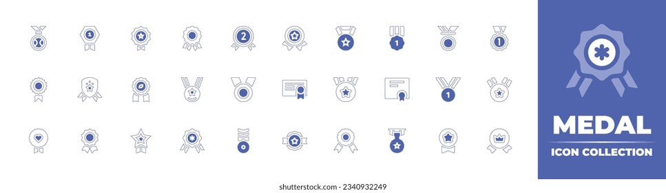 Medal icon collection. Duotone style line stroke and bold. Vector illustration. Containing medal, quality, silver medal, awards, gold, gold medal, badge, certificate, diploma, star, award, and more.