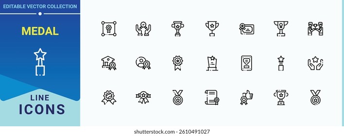 Medal icon collection. Featuring best, rank, win, competition, championship, cup and more. Award simple icon. Minimalist vector collections. Vector illustration in modern line style.