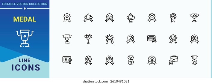 Medal icon collection. Featuring best, rank, win, competition, championship, cup and more. Award simple icon. Minimalist vector collections. Vector illustration in modern line style.