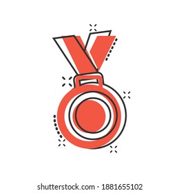 Medal icon in comic style. Prize cartoon sign vector illustration on white isolated background. Trophy award splash effect business concept.