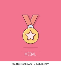 Medal icon in comic style. Prize cartoon sign vector illustration on white isolated background. Trophy award splash effect business concept.