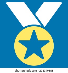 Medal icon from Competition & Success Bicolor Icon Set. Vector style: flat bicolor symbols, yellow and white colors, rounded angles, blue background.