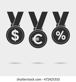 Medal icon with dollar, euro and percent sign. Medal with ribbon. Business concept. Vector isolated object.