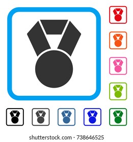 Medal icon. Flat grey iconic symbol inside a light blue rounded frame. Black, gray, green, blue, red, orange color variants of Medal vector. Designed for web and software UI.