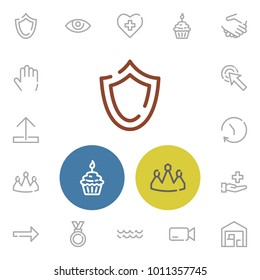 Medal icon with hand, shield, click here editable symbols. Set of arrow, medical, watch icons and cardiology concept. Editable vector elements for logo app UI design.