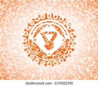 medal icon inside abstract emblem, orange mosaic background