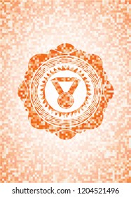 medal icon inside abstract emblem, orange mosaic background