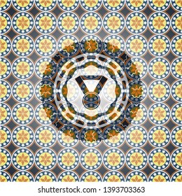 medal icon inside arabic badge background. Arabesque decoration.