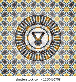 medal icon inside arabic emblem background. Arabesque decoration.
