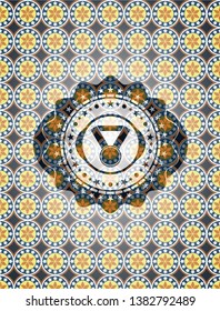 medal icon inside arabic emblem background. Arabesque decoration.
