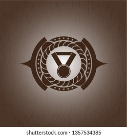medal icon inside badge with wooden background