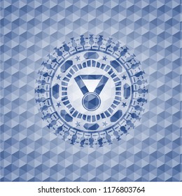 medal icon inside blue emblem with geometric background.
