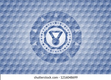 medal icon inside blue emblem or badge with abstract geometric pattern background.