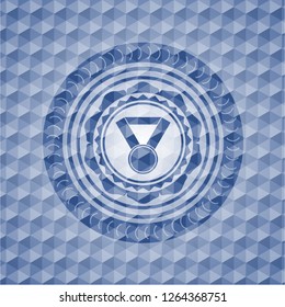 medal icon inside blue emblem or badge with abstract geometric polygonal pattern background.