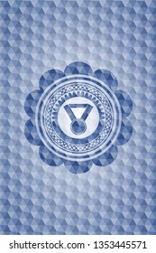 medal icon inside blue emblem or badge with geometric pattern background.