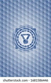 medal icon inside blue emblem with geometric pattern background.